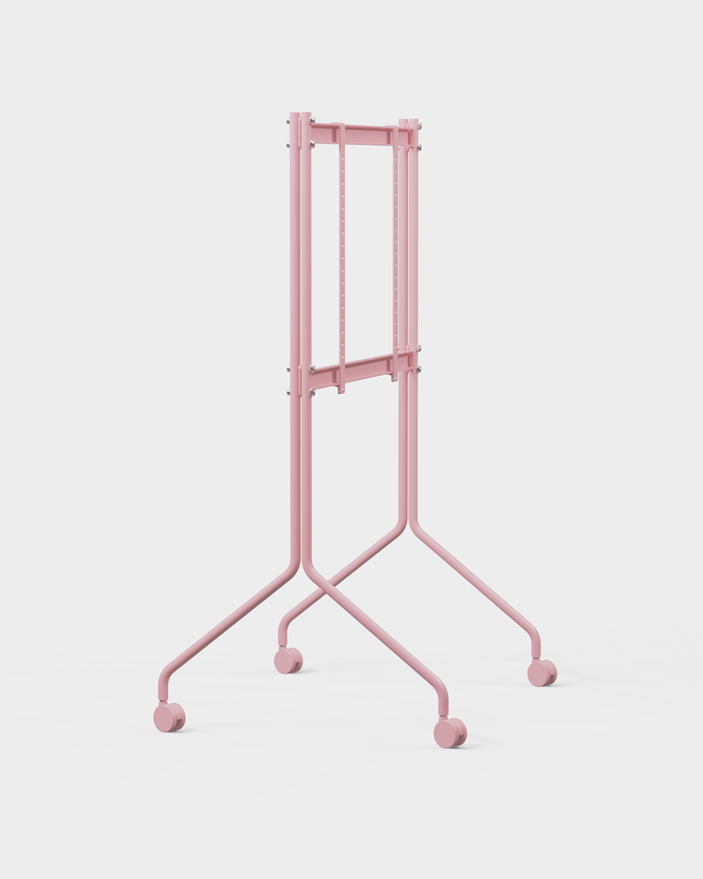 Moon Tall TV-stativ i Bubble Gum pink, set i vinkel i studie med monteret fladskærms-TV og hjul